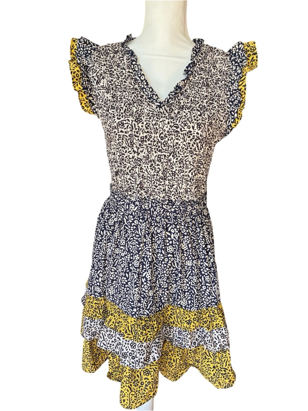 NWOT Current Air Black + Yellow Cotton V-Neck Smocked Ruffle-Tiered Mini Dress M